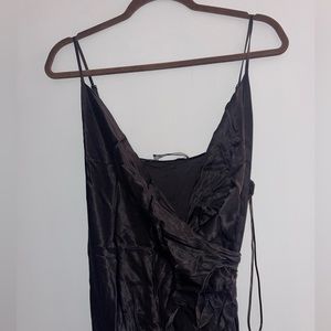 Black Zara satin dress with slit on the size. Size large, only worn once